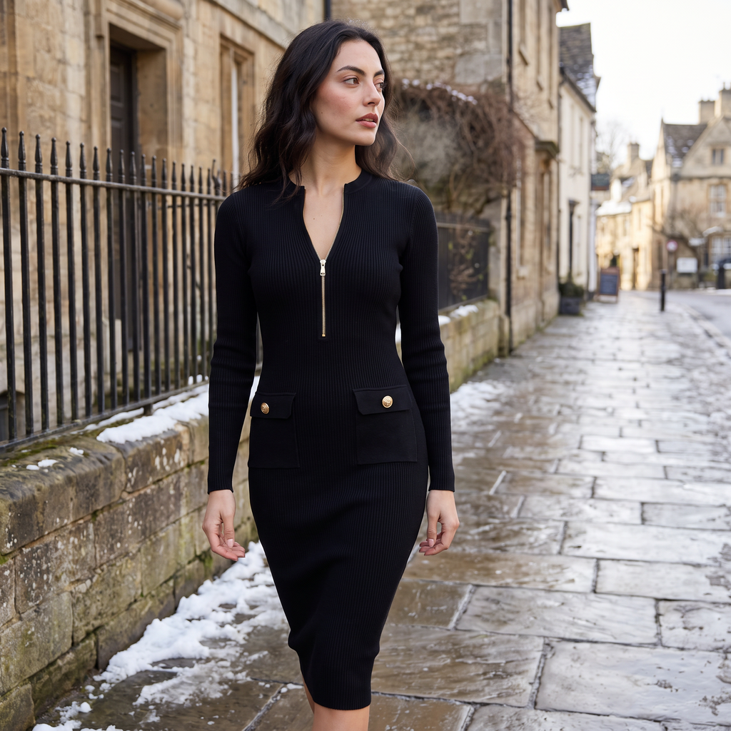 Women's Formal Ribbed Knit Zip Midi Dress