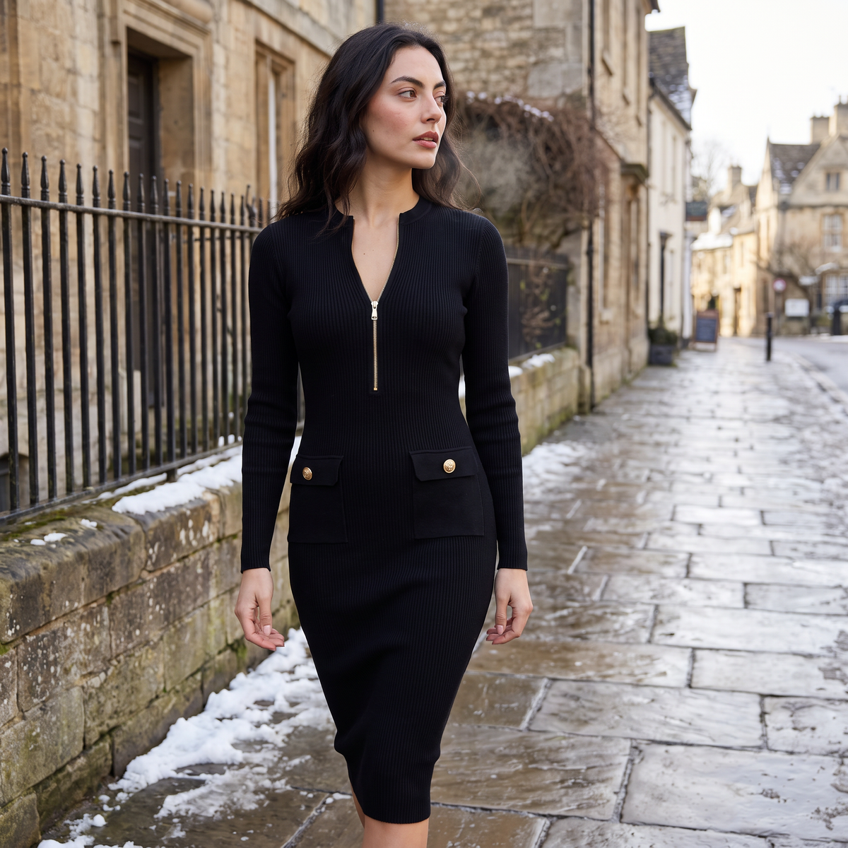 Women's Formal Ribbed Knit Zip Midi Dress