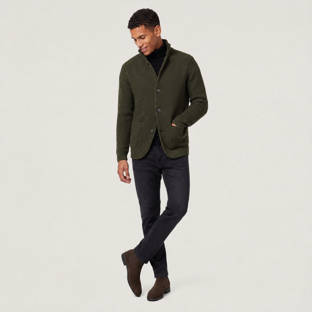 Men's Stand Collar Button-Front Knit Cardigan