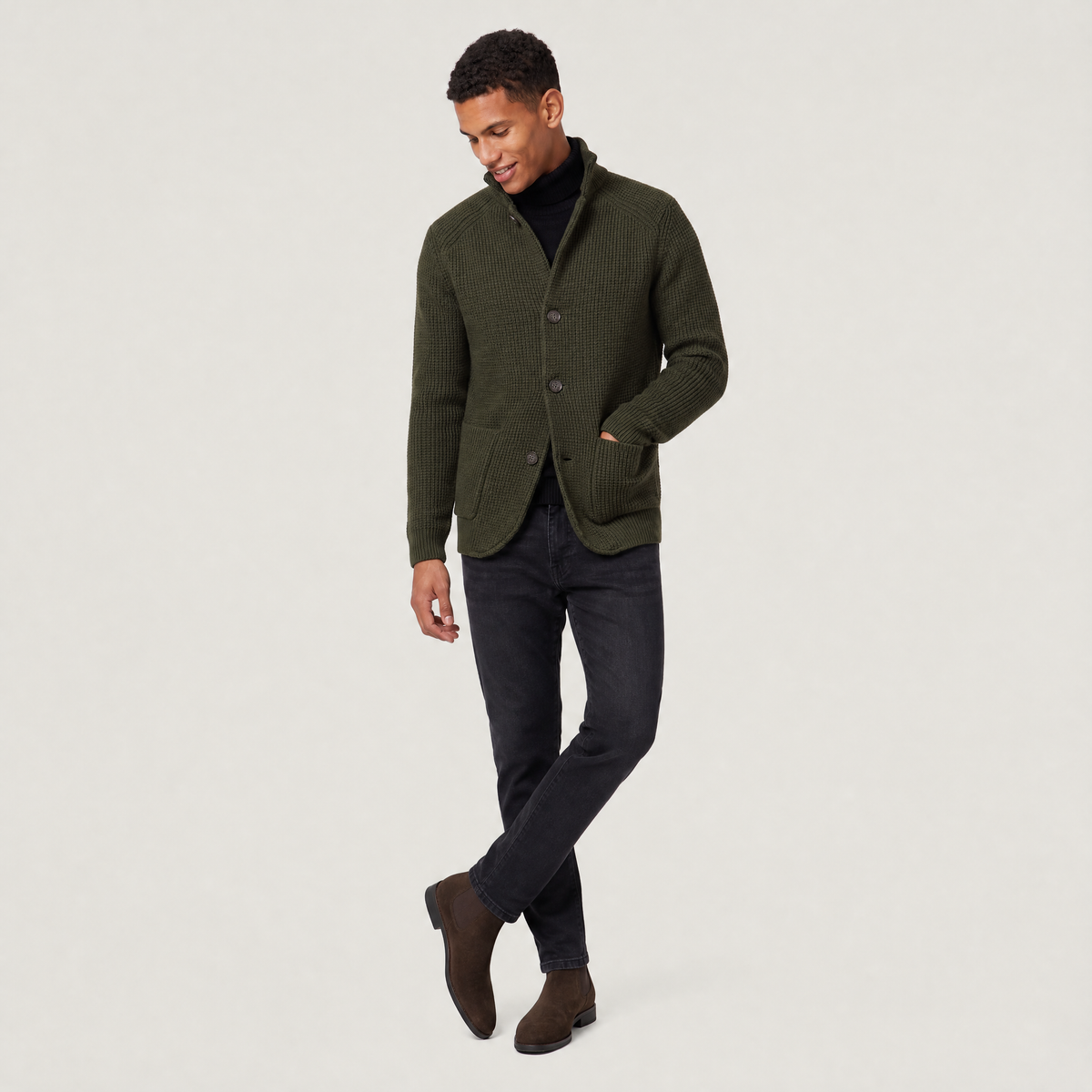 Men's Stand Collar Button-Front Knit Cardigan