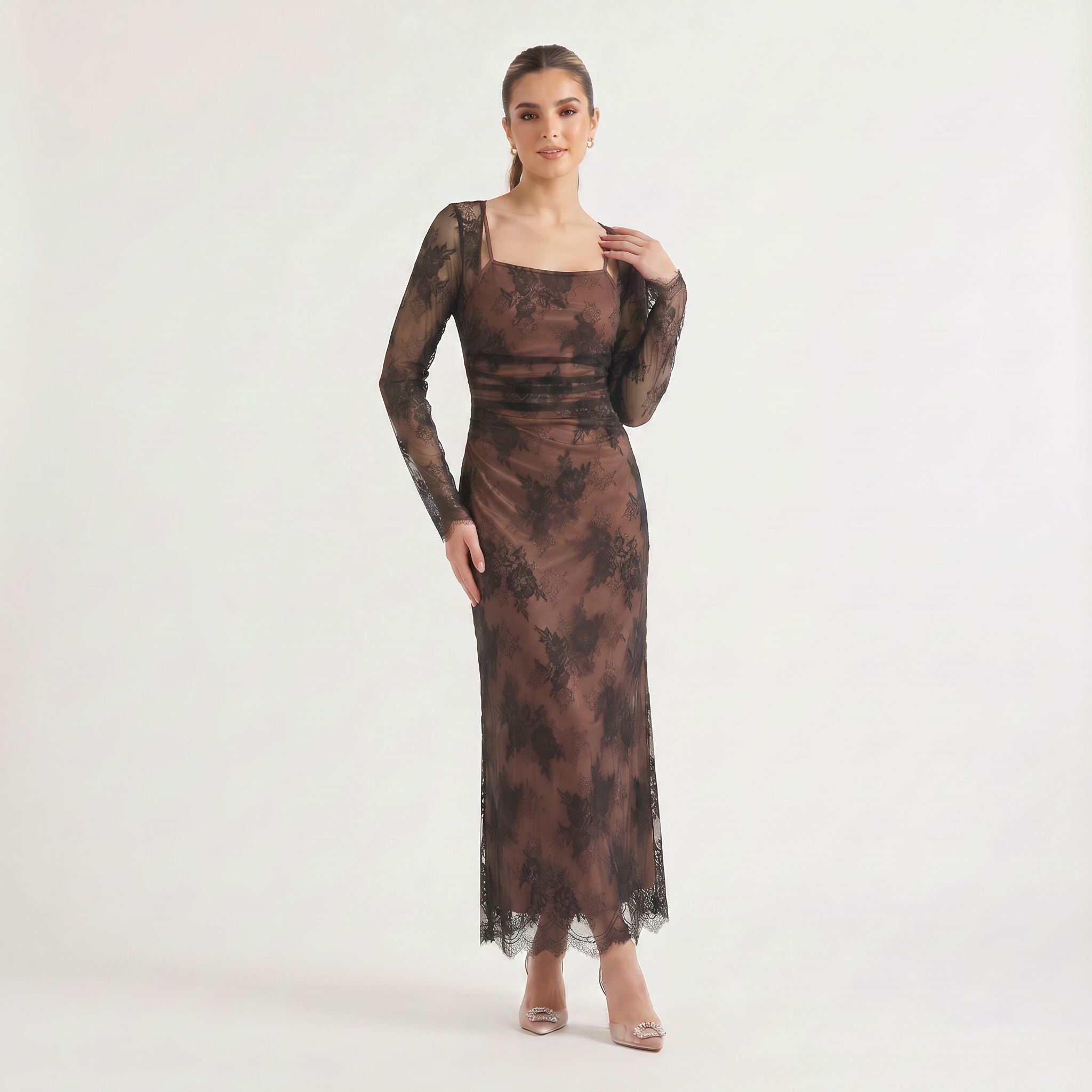 Women's Square Neck Embroidered Long-Sleeve Maxi Dress