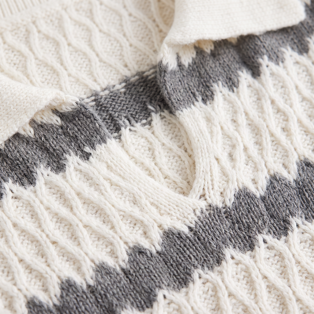 Women's Striped Pointelle Cable Knit Collar Jumper