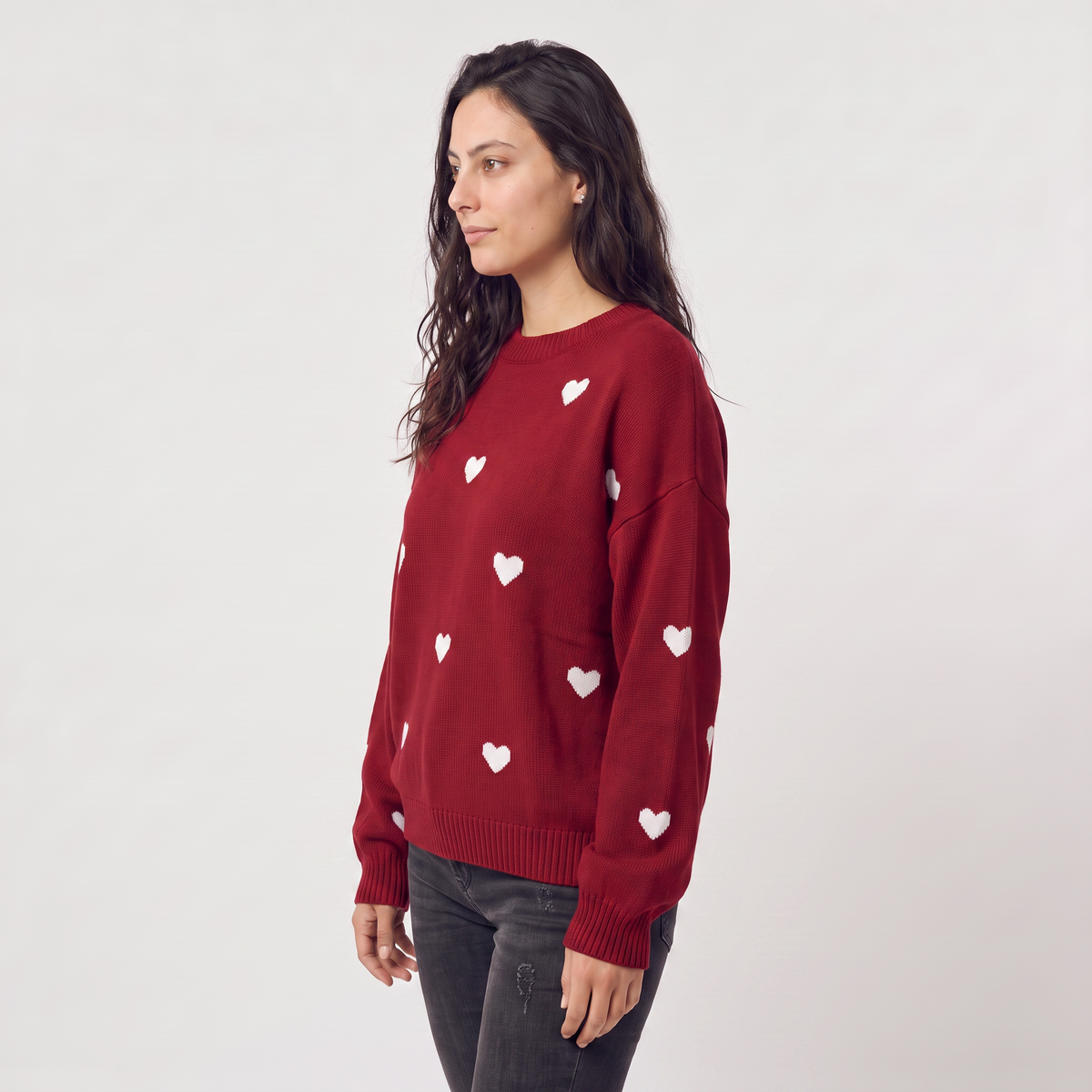 Women’s Heart Pattern Knitted Jumper - Drop Shoulder Fit