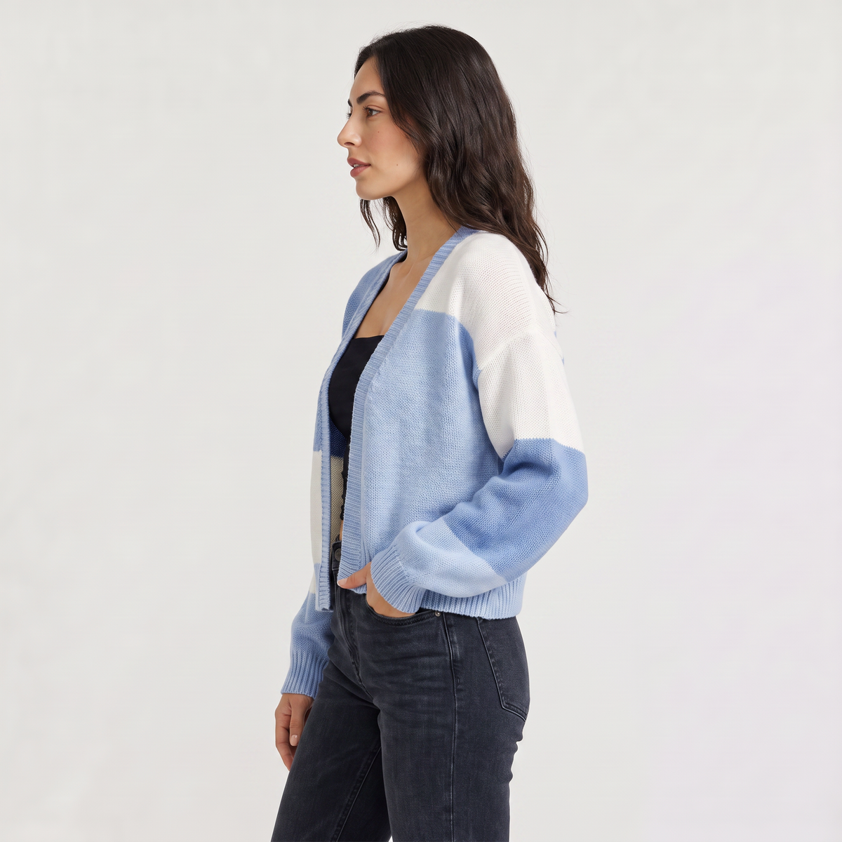 Women's Open Front Cropped Cardigan - Ribbed Cuffs