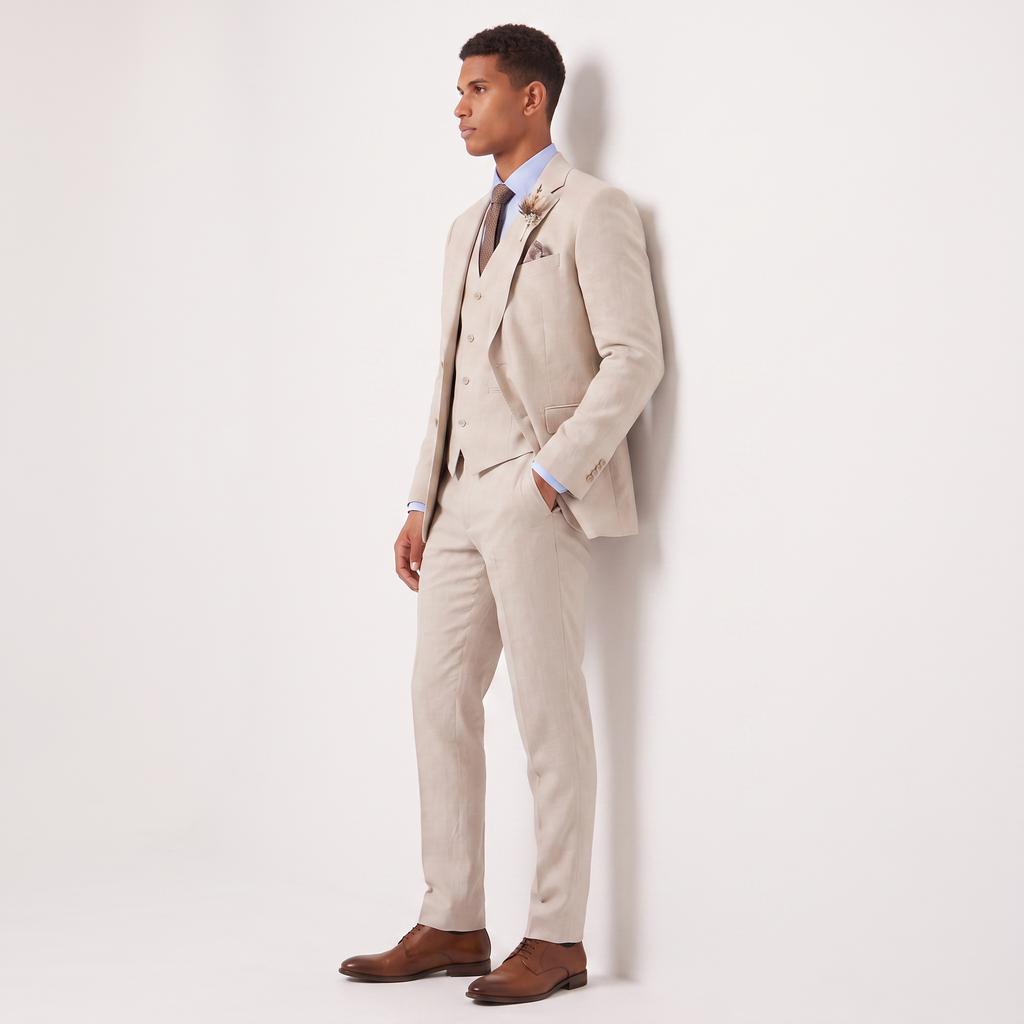 Men's Linen Three-Piece Tailored Suit with Waistcoat