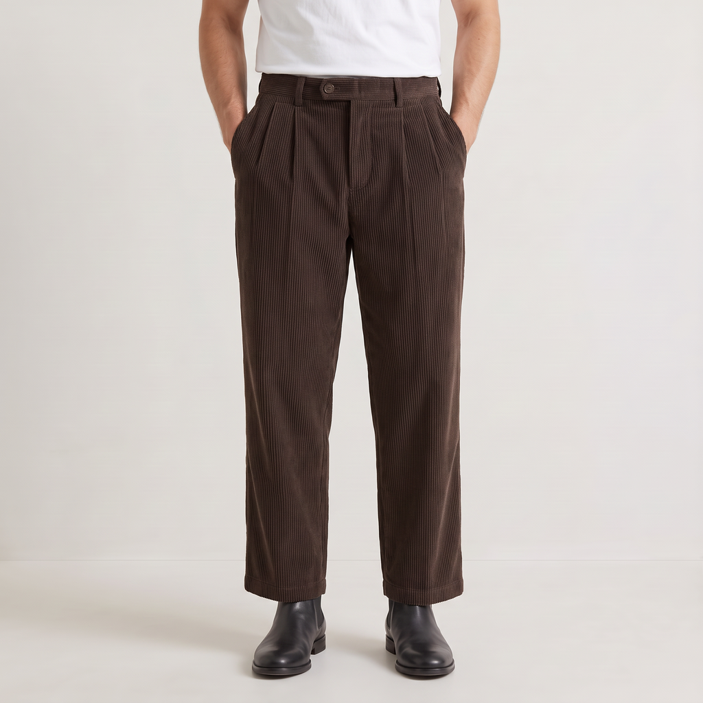 Men's Wide-Leg Pleated Corduroy Trousers