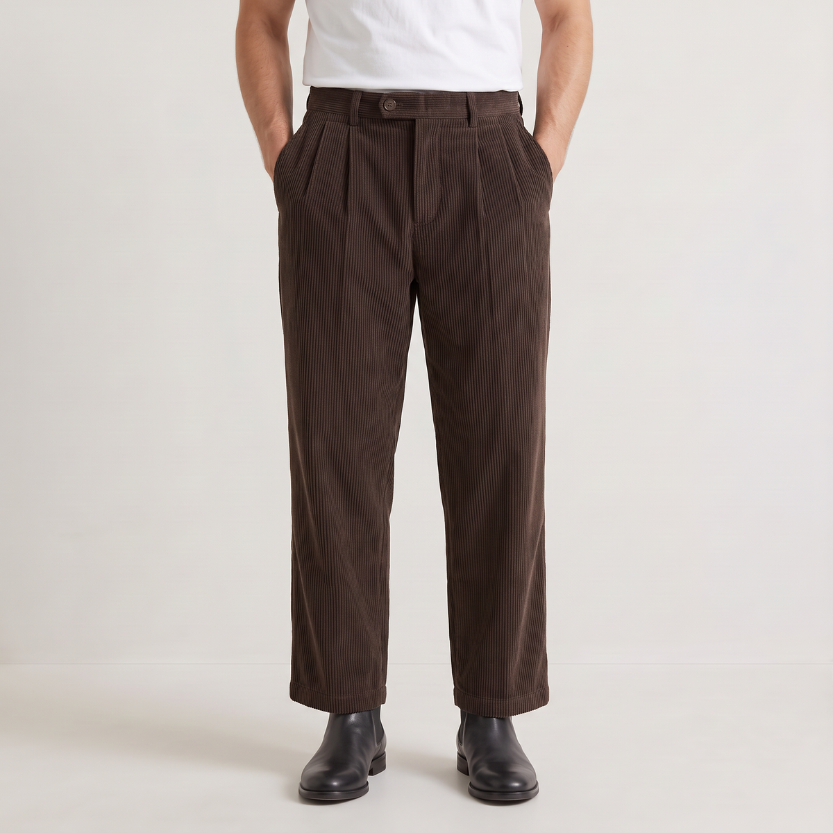 Men's Wide-Leg Pleated Corduroy Trousers