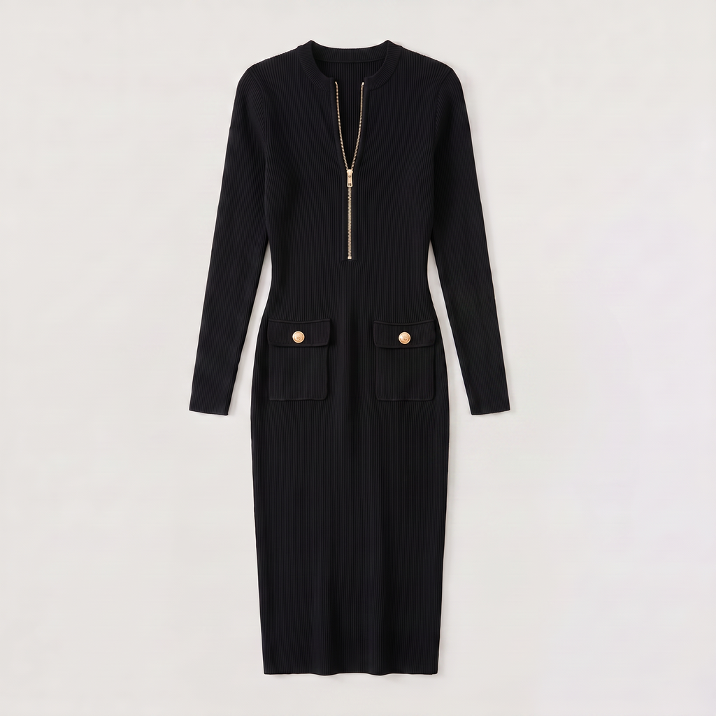 Women's Formal Ribbed Knit Zip Midi Dress