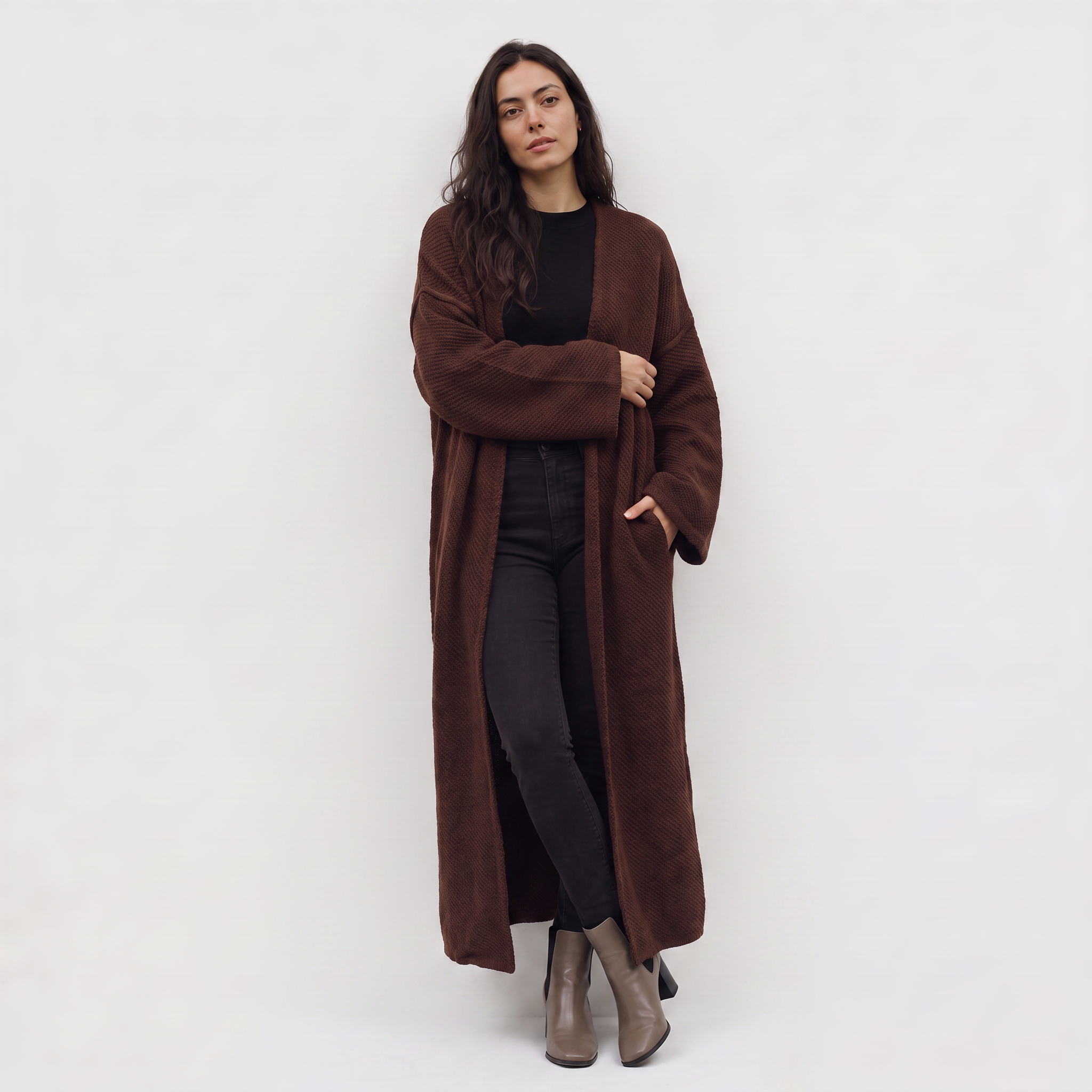 Women's Long Line Open-Front Knit Cardigan