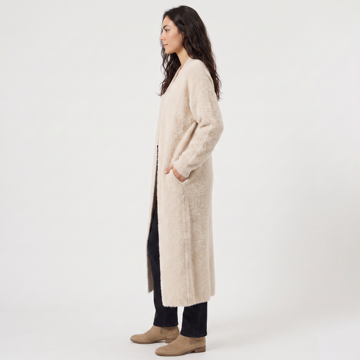 Women's Fluffy Longline Open-Front Cardigan