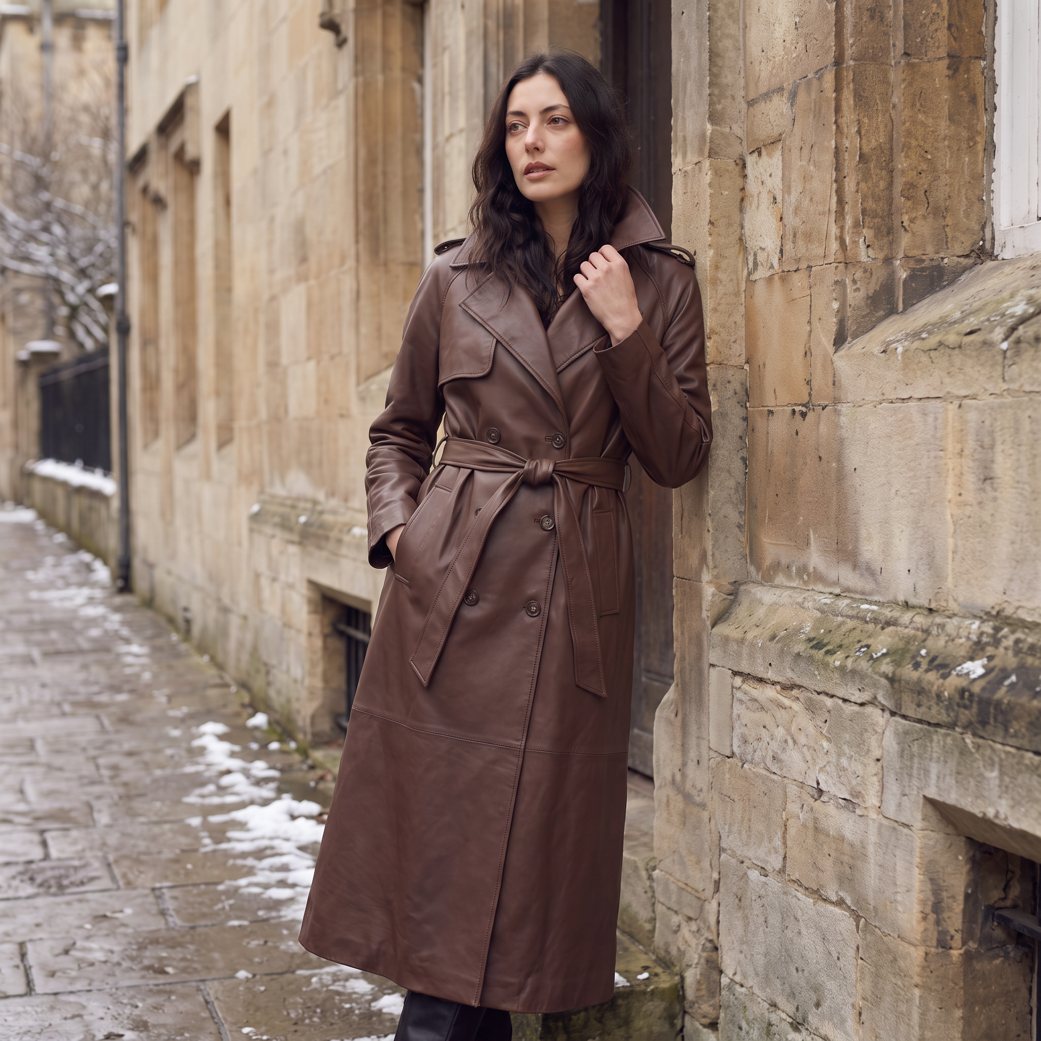 Women's Belted Faux Leather Midi Trench Coat