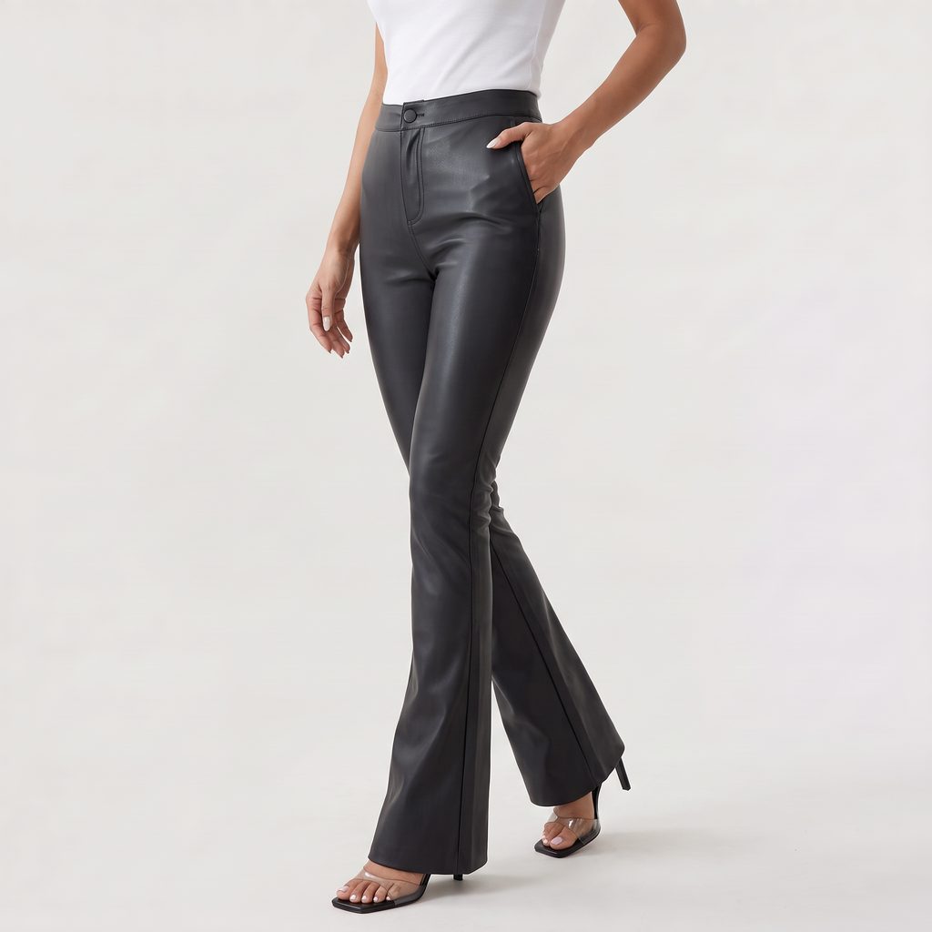 Women's High-Waisted Leather-Look Flared Trousers
