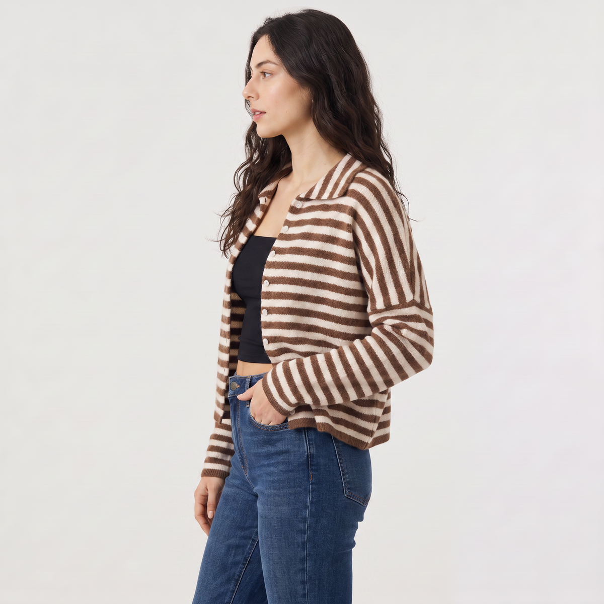 Women's Striped Collared Knit Cardigan - Button Front