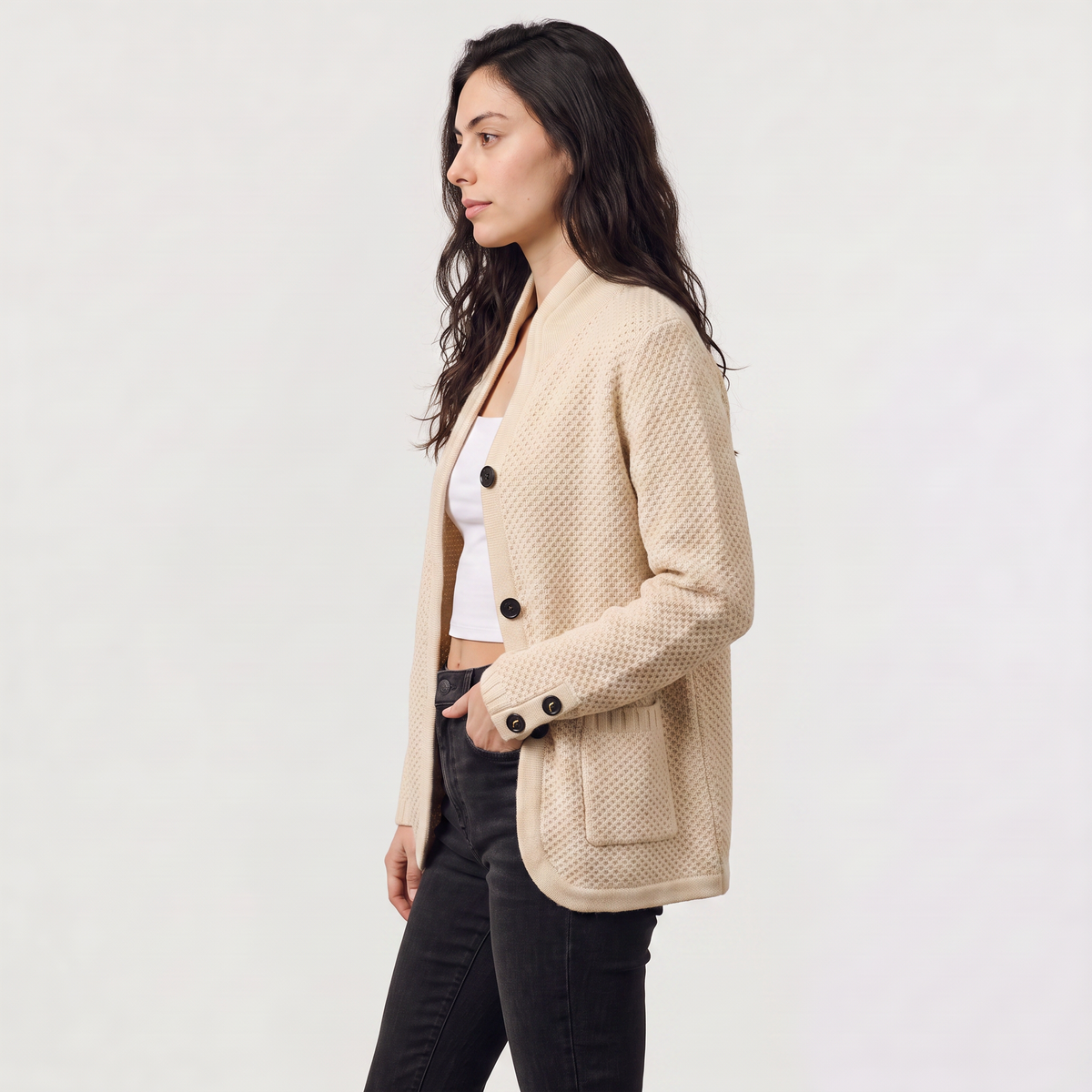 Women's Textured Knit Stand Collar Cardigan