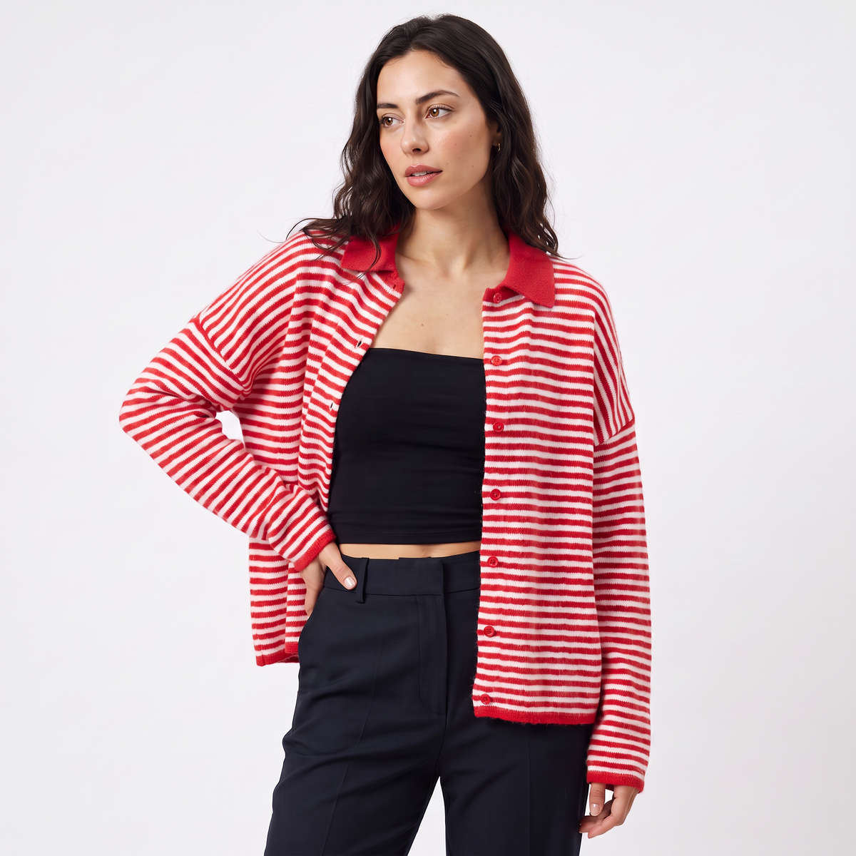 Women's Striped Collared Knit Cardigan - Button Front