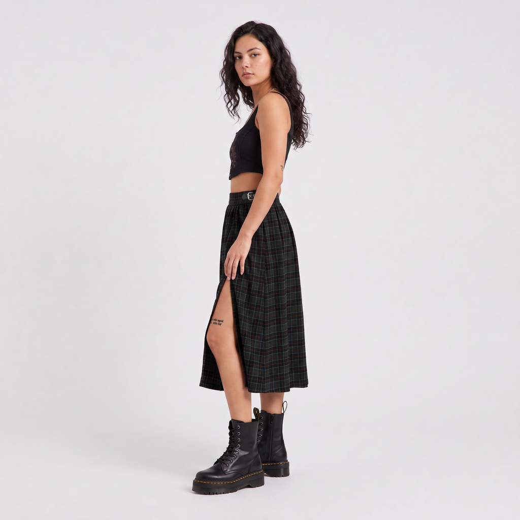 Women’s Tartan A-Line Green Pleated  Midi Skirt