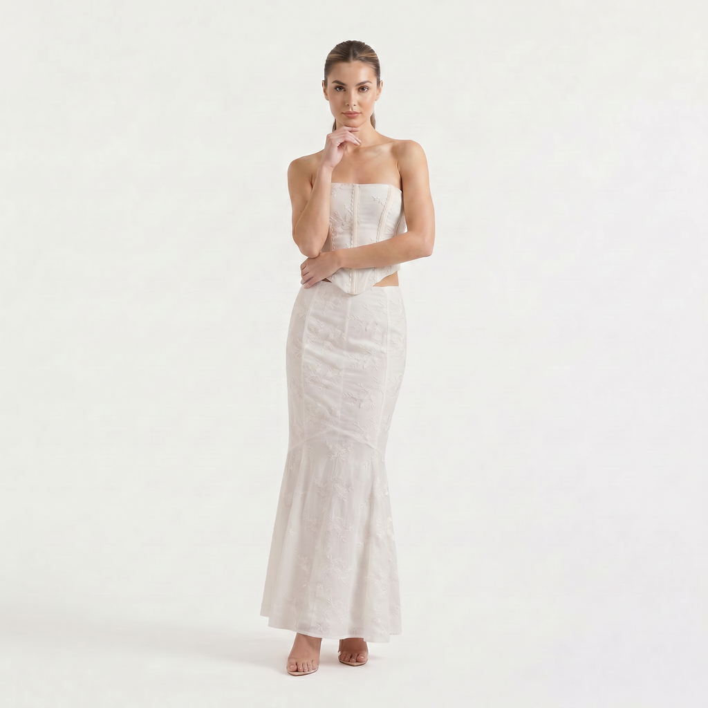 Women's White Strapless Maxi Dress - Embroidered