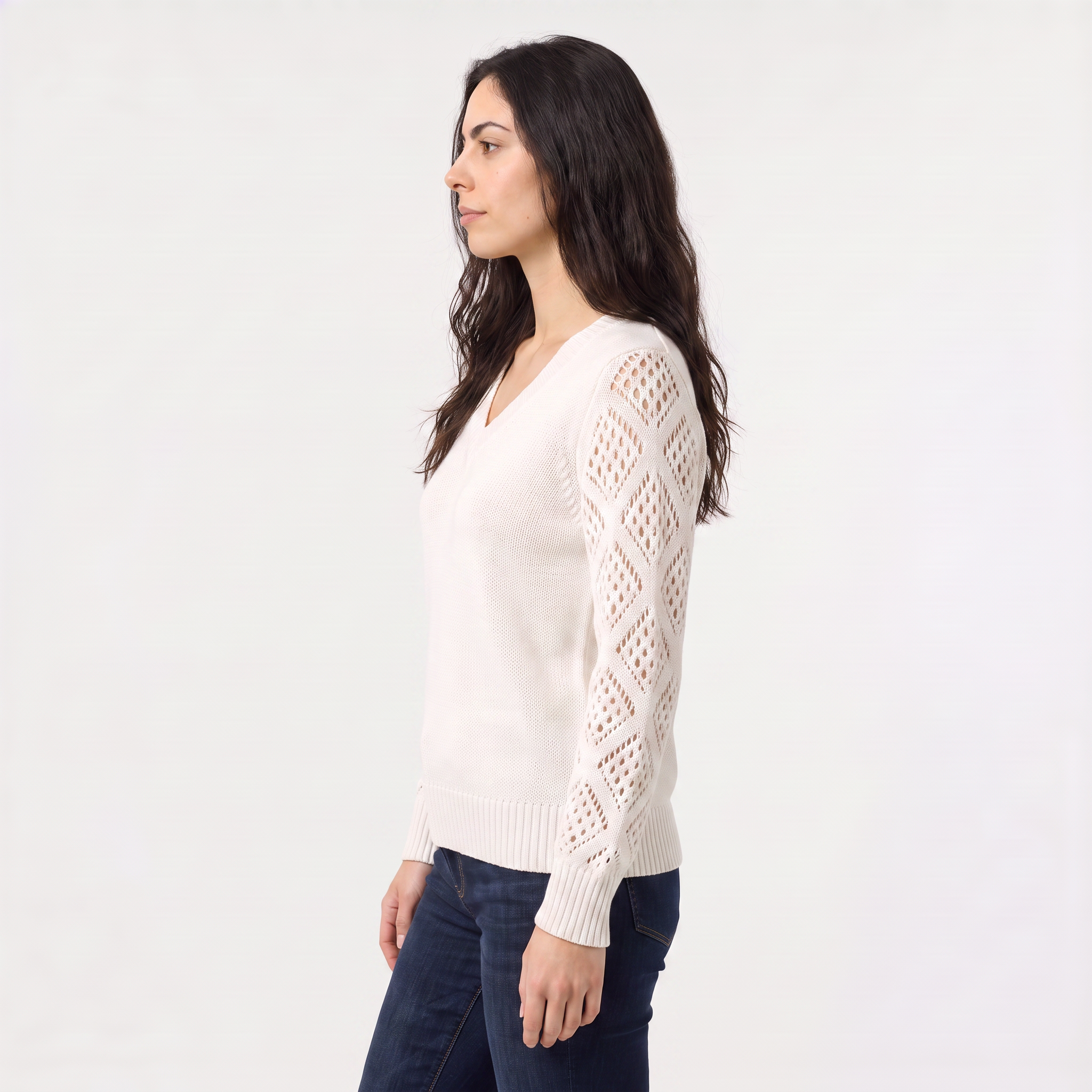 Women's V-Neck Pointelle Sleeve Sweater