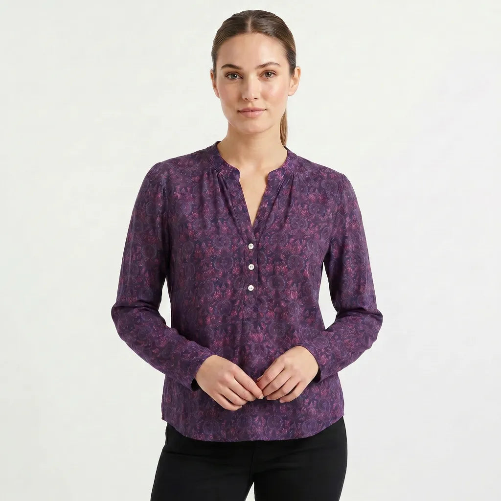 Women’s Printed Henley Neck Blouse | Long Sleeve